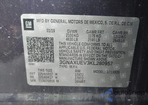 2019 Chevrolet Equinox Lt из США, поврежденный, VIN 3GNAXUEV3KL280957